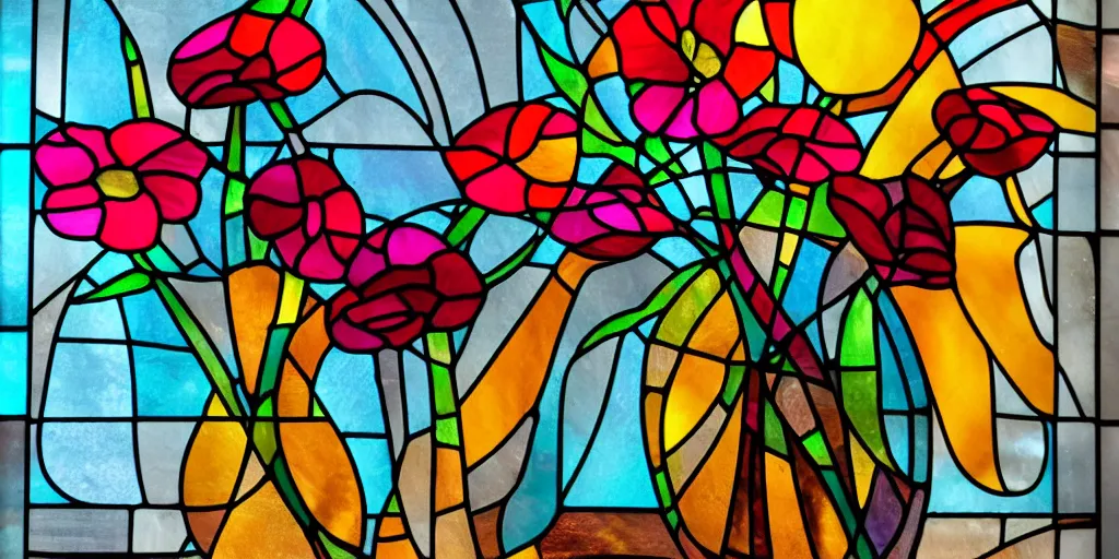 Prompt: i dream of a vase flowers, modern, studio, stained glass