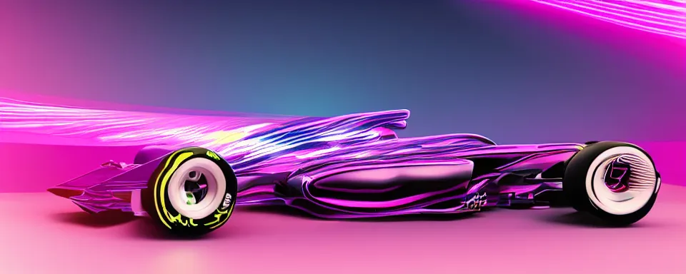 Prompt: abstract illustration of a formula one car, synthwave, purple and pink, motion blur, light streaks, octane render, depth of field