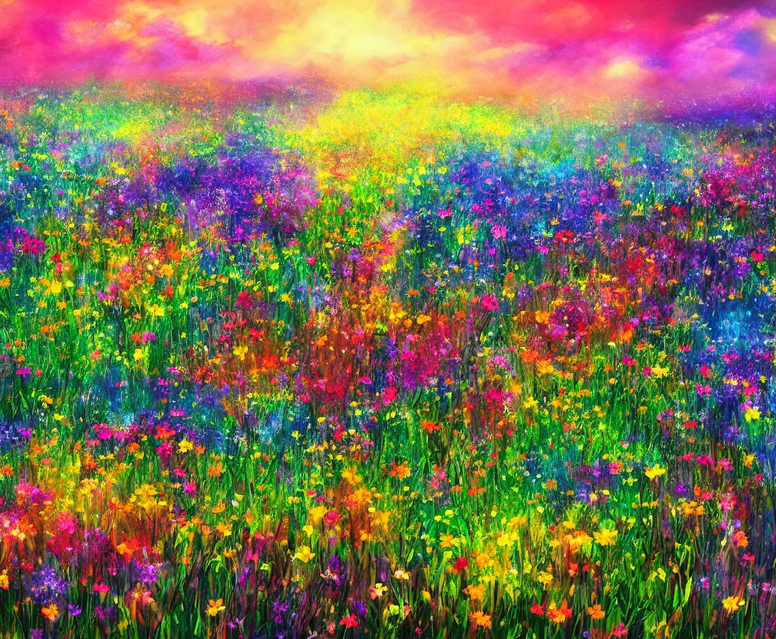 Image similar to a heavenly field of colorful flowers, highly detailed, digital painting, high fantasy, sunstreaks, high contrast, bokeh, soft tones