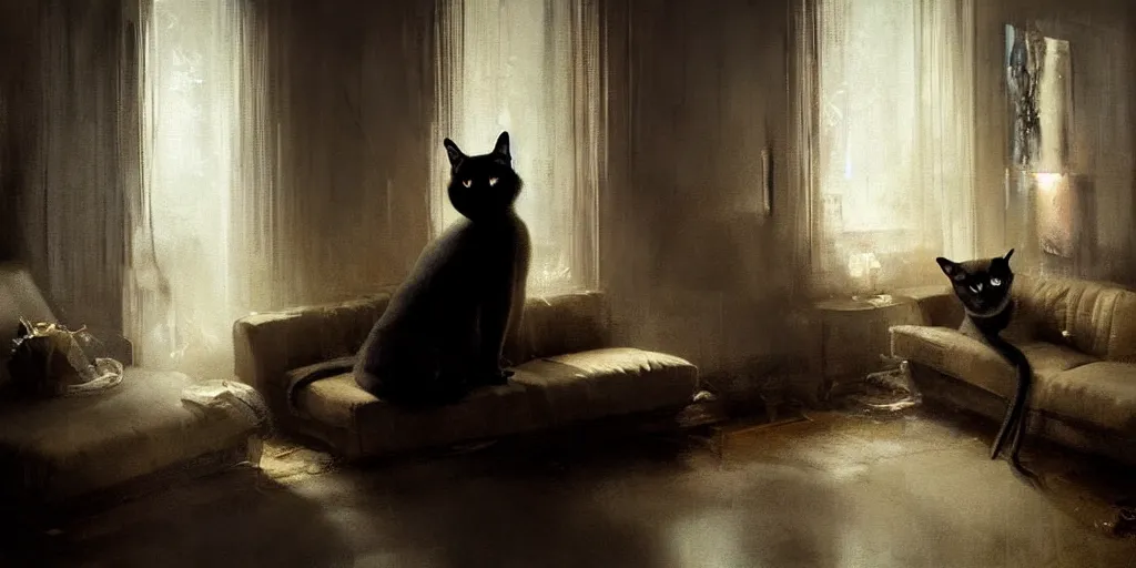 Image similar to a dramatic portrait of a siamese cat inside a modern apartment, intricate concept art, ethereal, cinematic, dramatic lighting, by jeremy mann and julius adam ii