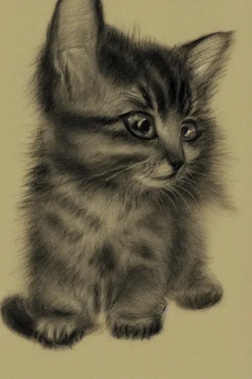 Prompt: 8K UHD cute kitten with floppy ears, drawing by Henry de Toulouse Lautrec, very detailed, matte, tone mapped