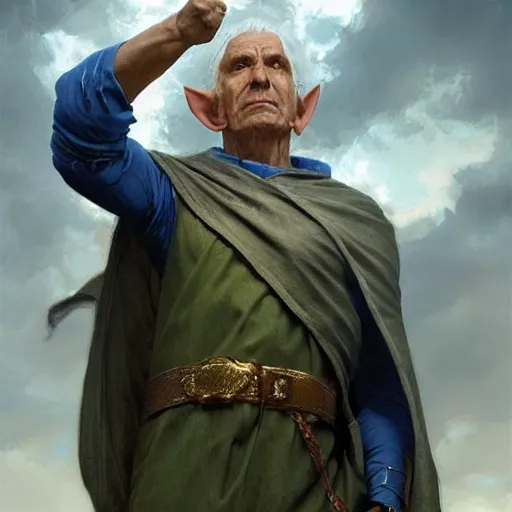 Prompt: A male elf in his late 50s looks both angry and sad, wrinkled olive coloured skin and a raised Fist, long blue robes depicting clock iconography, Detailed face, highly detailed, cinematic lighting, digital art painting by greg rutkowski.