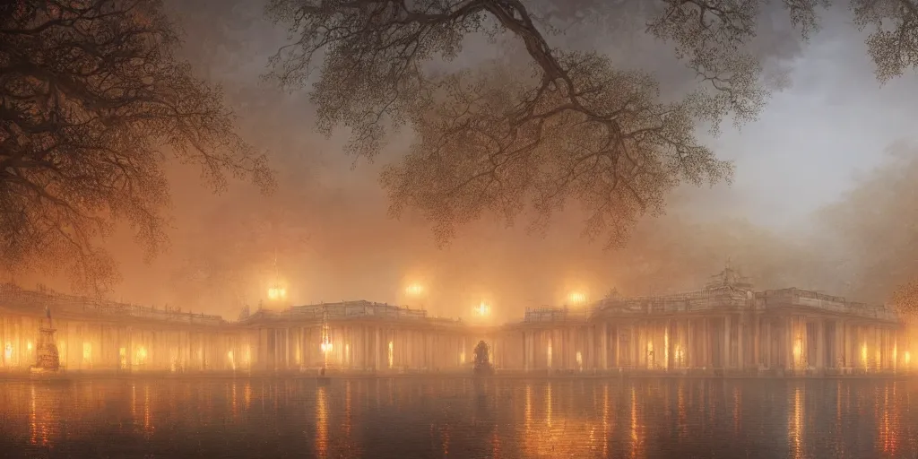 Prompt: beautiful render of glorious palace gardens, by lee madgwick and hubert robert, blade runner style, orange glow, vivid color, moody lighting, unreal engine, foggy