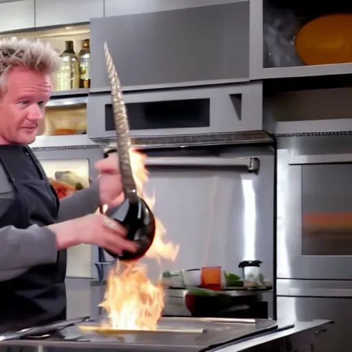 Image similar to hyper real Gordon Ramsey cooking a unicorn in kitchen 4k