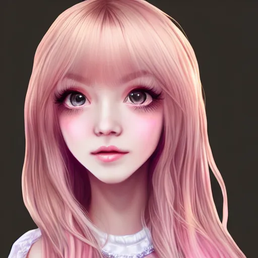 Prompt: beautiful intricate photograph of nikki from shining nikki dress - up game, a cute young woman, light pink hair, long hair with full bangs, full heart - shaped face, amber eye color, pale skin, light blush, chinese heritage,, smiling softly, golden hour, soft focus, 8 k, hyperrealism, hyperdetailed