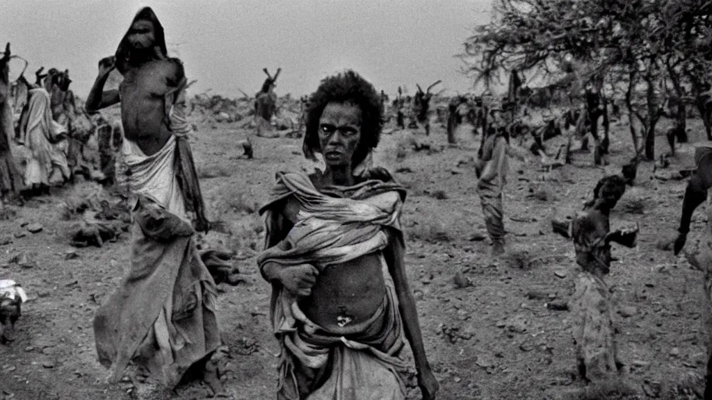 Image similar to 1984 Ethiopian biblical famine and drought as seen in Western newspapers, moody, dark, movie scene, hd, 4k