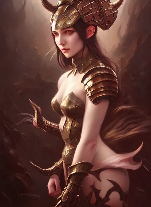 Image similar to a beautiful woman with horns and armor, painted by artgerm and tom bagshaw, fantasy art, dramatic lighting, highly detailed oil painting