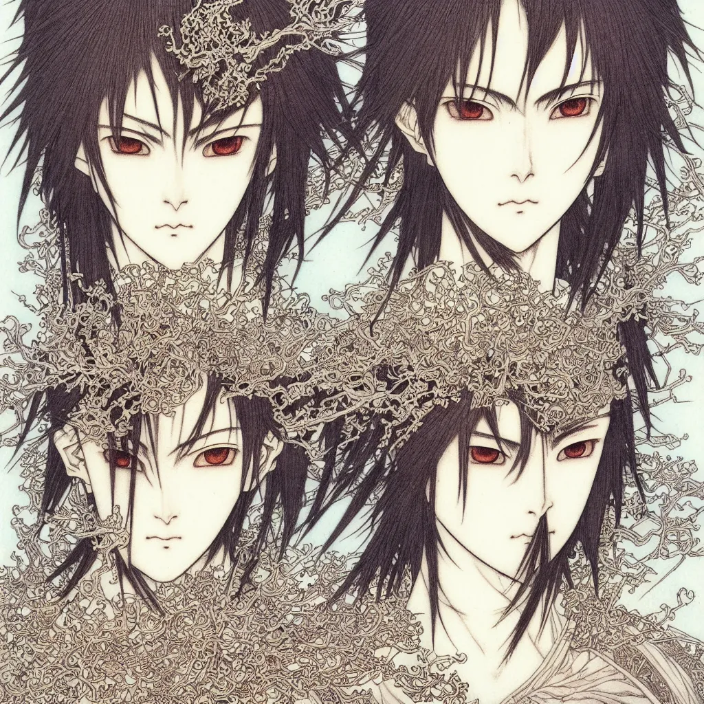 Image similar to prompt: human Fragile looking character soft light portrait face drawn by Takato Yamamoto, modernistic looking armor with wild hairstyle, inspired by Evangeleon anime, alchemical objects on the side, soft light, intricate detail, intricate ink and gouache painting detail, manga and anime 1990 high detail, manga 1990