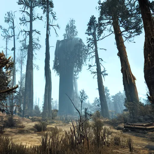 Image similar to mammoth tree forest in ruins post - nuclear war in fallout 4, in game screenshot