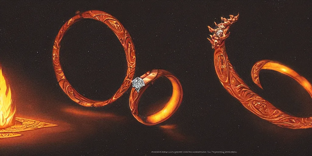 Prompt: magic ring with a diamond, fire, flame, engraving, d & d, item, graphic, close - up, design, shimmer, artbook, page, detailed, trending on artstation, cgsociety, ralph mcquarrie and greg rutkowski