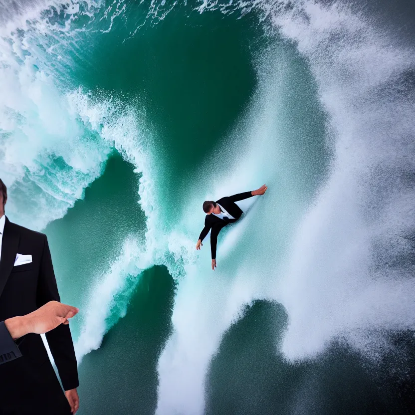 Image similar to man in black suit surfs carpet which looks like ocean wave in nazare, furniture around, business surrounding, dslr, insane details, hyper reallistic, 8 k, clear face and eyes, ultra clear detail, hdr, textured, award winning, professional photography