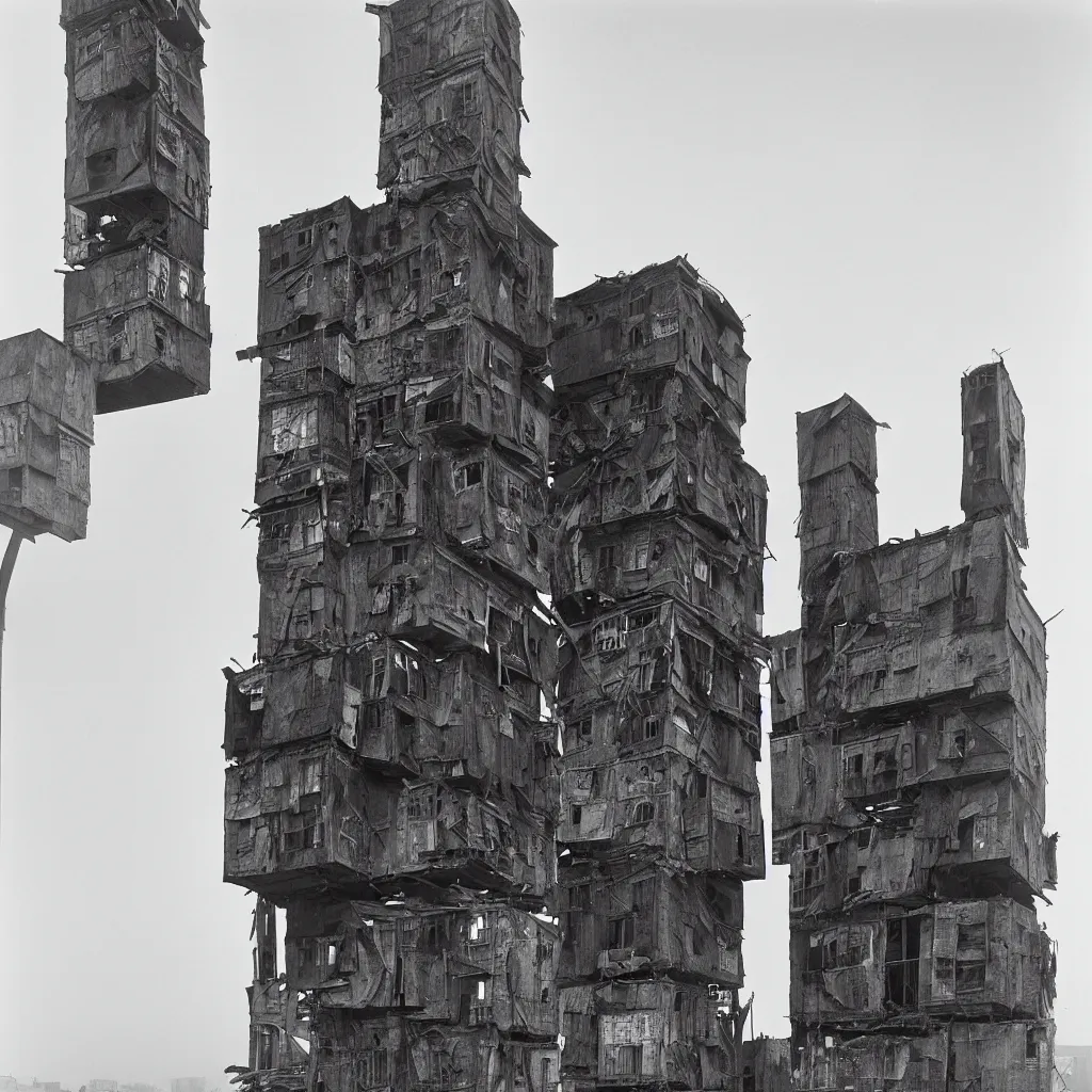 Prompt: two giant towers, made up of makeshift squatter shacks, misty, dystopia, mamiya rb 6 7, fully frontal view, very detailed, studio lighting, photographed by ansel adams