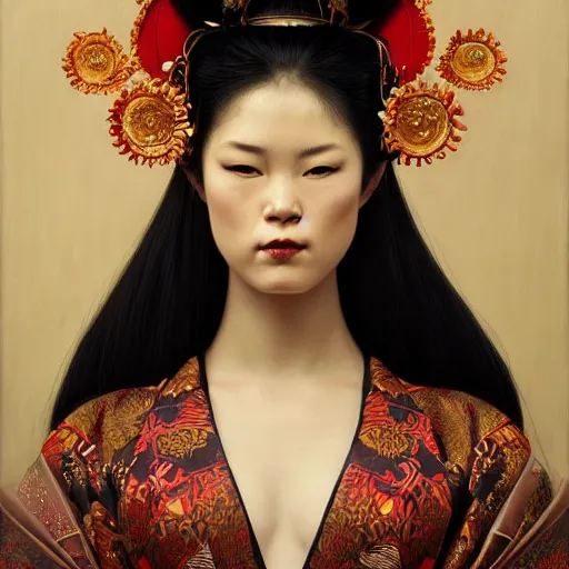 Image similar to highly detailed oil painting | very intricate | cinematic lighting | award - winning | the scandinavian viking geisha in an exquisite tribal kimono | by roberto ferri, by tom bagshaw, by j. c. leyendecker and klimt, beautiful cinematic light, american romanticism, by austin osman spare, artstation, cgsociety, official art, octane