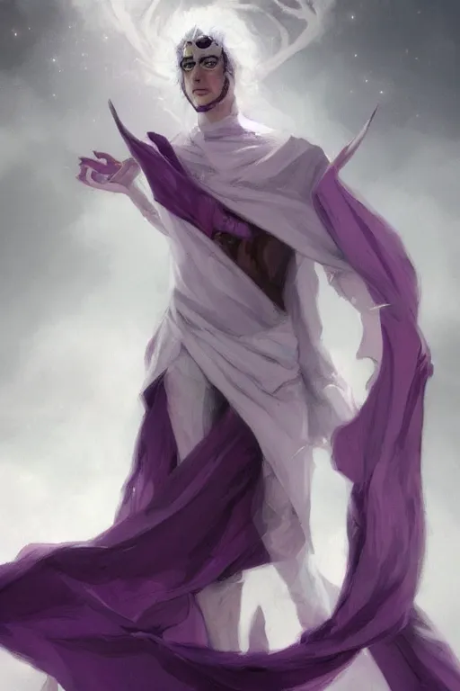 Image similar to white horns djinn man , black hair , portrait, concept art, purple and white thich cloak, illustration, costume design, editorial photo, fashion, hyperrealism, realism, trending on artstation, Charlie Bowater, WLOP