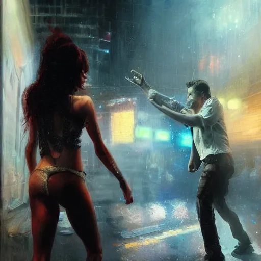 Prompt: bella thorne and megan fox dancing, hyperrealistic full figure, bladerunner street, art of elysium by jeremy mann and frank frazetta, fantasy art, photo realistic, dynamic lighting, artstation, full figure poster, volumetric lighting, very detailed face, 4 k, award winning