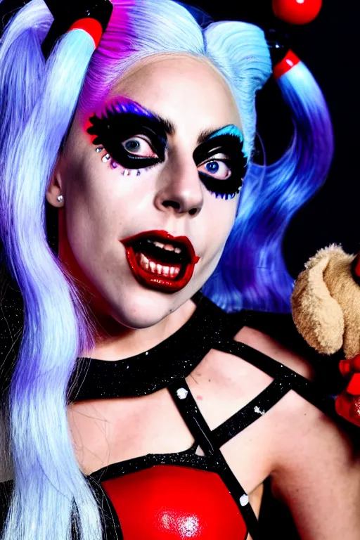 Image similar to scared lady gaga as harley quinn, attacked by teddy bear, luxury materials, symmetrical, cinematic, elegant, professional studio light, real dlsr photography, sharp focus, 4 k, ultra hd, sense of awe, high fashion