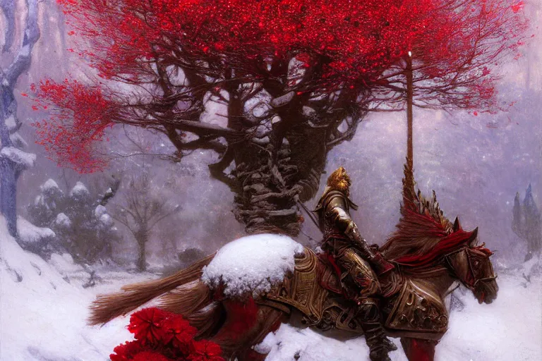 Prompt: winter, a male warrior wearing armor relaxing under a huge tree with red flowers, ground covered with snow, extreme long shot, fantasy, painting by gaston bussiere, craig mullins, j. c. leyendecker, trending on artstation