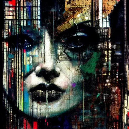 Image similar to portrait of a hooded beautiful women, mysterious, glitch effects over the eyes, shadows, by Guy Denning, by Johannes Itten, by Russ Mills, centered, glitch art, innocent, hacking effects, chromatic, cyberpunk, color blocking, oil on canvas, concept art, abstract