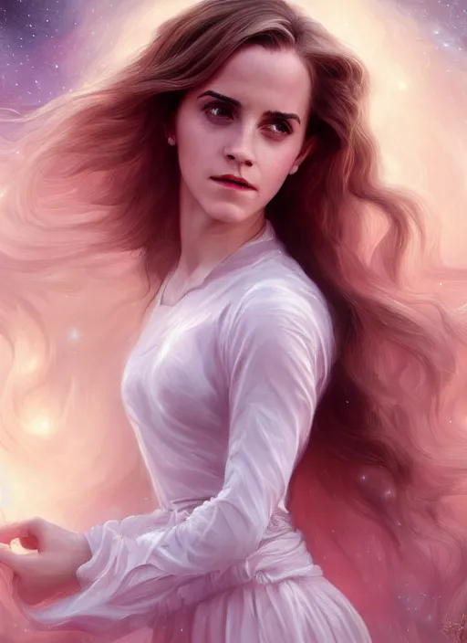 Image similar to emma watson as nature magic celestial, long hair, soft pink and white transparent cloth, space, D&D, shiny background, intricate, elegant, highly detailed, digital painting, artstation, concept art, smooth, sharp focus, illustration, artgerm, bouguereau