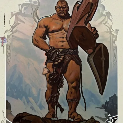 Prompt: frost goliath, with a two handed axe, tribal tattoos on his face and arms, very muscular, large fists, fantasy, d & d, by alphonse mucha, adolfo hohenstein, alice russell glenny, stanley artgerm lau, greg rutkowski, detailed 4 k, trending on artstation, smooth, sharp focus