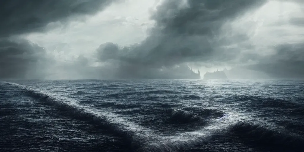 Image similar to a path through the sea, path, walkway, a raising wall of water either side, biblical, exodus 1 4 : 2 1 & 2 2, moses, by stephen king, cinematic, hyperrealistic, evil, dark, cgsociety, 8 k