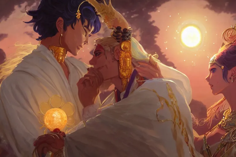 Image similar to close up moment of a divine a sun god and a moon goddess lovers magician at a wedding banquet, highly detailed, d & d, fantasy, 4 k realistic, digital painting, trending on artstation, concept art, sharp focus, illustration, art by makoto shinkai and akihiko yoshida and daniel gerhartz