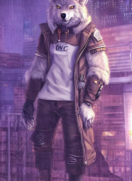 Image similar to character portrait of a male anthro wolf fursona with a tail and a cute beautiful attractive detailed furry face wearing stylish cyberpunk clothes in a cyberpunk city at night while it rains. hidari, color page, tankoban, 4K, tone mapping, Akihiko Yoshida.