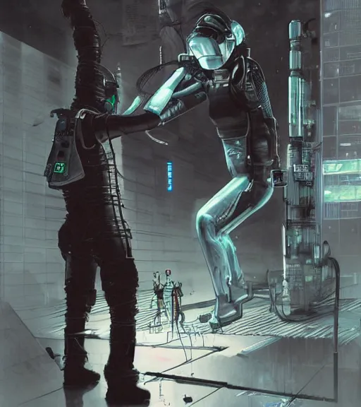 Image similar to realistic cyberpunk japanese engineer with long limbs and a black spacesuit welding a wall, techwear, dead space, visible face, Industrial Scifi, detailed illustration, character portrait, by Martin Grip and Moebius