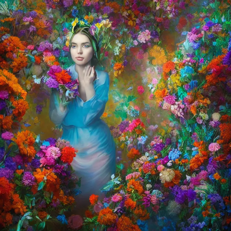 Image similar to a beautiful oil painting hyperrealism of a beautiful woman covered in flower bouquets, floral headdress, 8 k resolution, octane render, trending on artstation, by gediminas pranckevicius, volumetric light 2 blue fractal thunder glow by dan mumford, anaglyph effect, laurie lipton