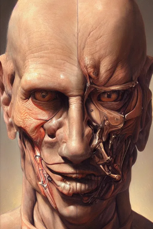 Prompt: beautiful oil painting portrait of biomechanical man face connected to the machine by wayne barlowe, rembrandt, detailed, trending on cgsociety, stunning, realistic skin color, 4 k, high res, awardwinning, masterpiece, realistic lighting