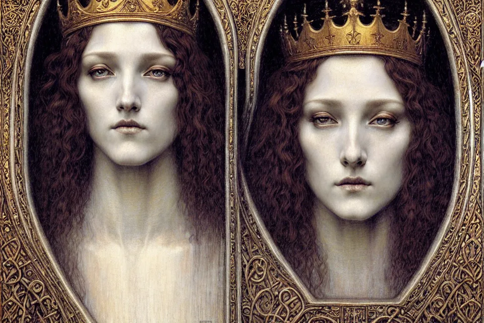 Image similar to detailed realistic beautiful young medieval queen face portrait by jean delville, gustave dore and marco mazzoni, art nouveau, symbolist, visionary, gothic, pre - raphaelite. horizontal symmetry