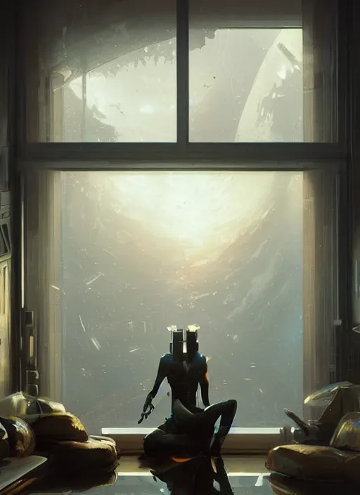 Prompt: scifi, futuristic, sharp clear focus livingroom room large window, evening, illuminated, highly detailed, artstation, by greg rutkowski