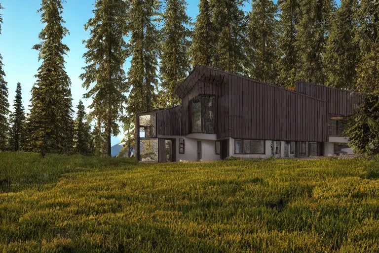 Image similar to modern fachwerk house settlement with in the forest with Elbrus mountain on the background, architecture, 3d render 8k , high details