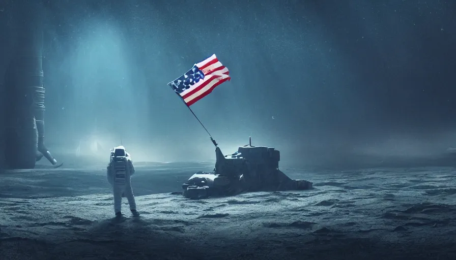 Image similar to astronaut holding a flag in an underwater desert. a submarine is visible in the distance. dark, concept art, cinematic, dramatic, atmospheric, 8 k, trending on artstation, blue, fish, low visibility, fog, ocean floor, christopher nolan, interstellar