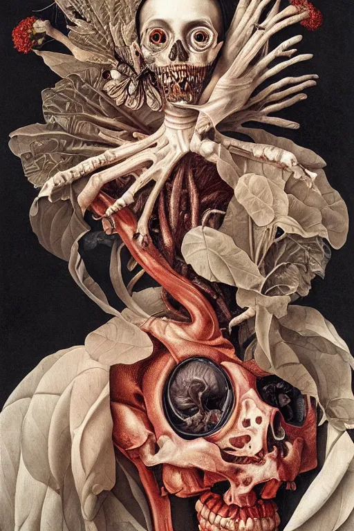 Image similar to Detailed maximalist portrait with large lips and eyes, scared, botanical skeletal with extra flesh, HD mixed media, 3D collage, highly detailed and intricate, surreal illustration in the style of Caravaggio, dark art, baroque