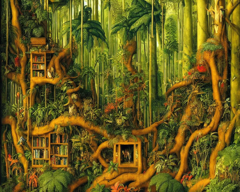 Image similar to a bookshelf in the rainforest by albrecht altdorfer. hyperdetailed, proportional, romantic, enchanting, achingly beautiful, graphic print, trending on artstation, jungle, tropical, foliage