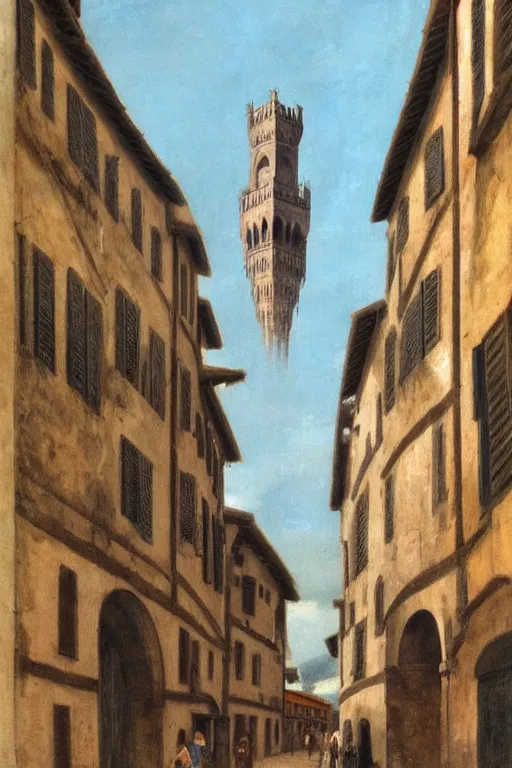 Image similar to florence old street in 1 6 th century with a tower in background by hiroshi yoshida, trending on artstation