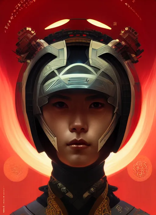 Image similar to symmetry!! portrait of futuristic samurai, sci - fi, tech wear, intricate, elegant, highly detailed, digital painting, artstation, cinematic lighting, concept art, smooth, sharp focus, illustration, art by artgerm and greg rutkowski and alphonse mucha, 8 k