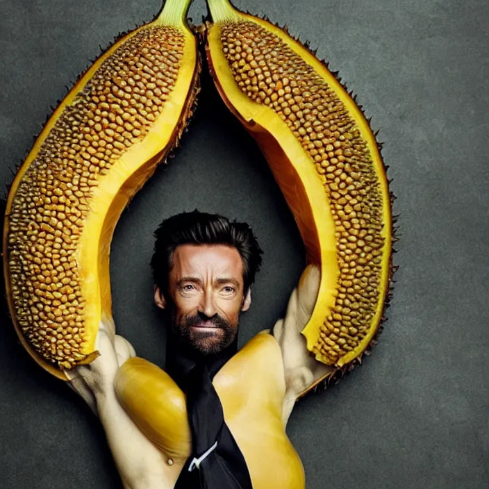 Prompt: body made of jackfruit made of hugh jackman, face made of jackfruit made of hugh jackman, eyes made of jackfruit, torso made of jackfruit, jackfruit - human hybrid, high detail photo