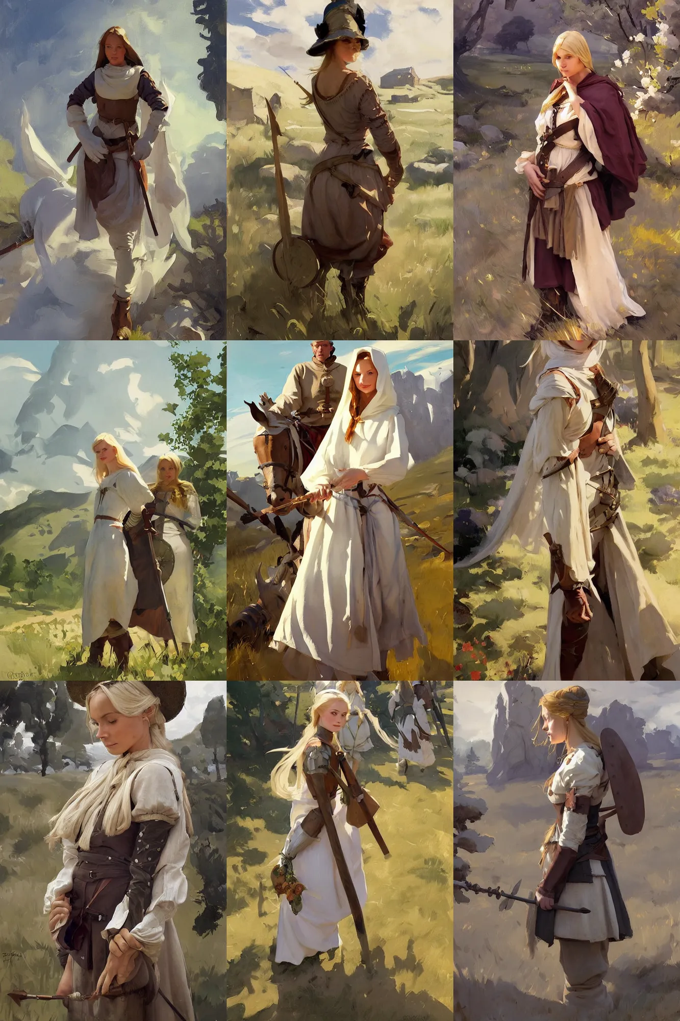 Prompt: portrait of medieval village finnish norway scandinavian maiden in the field jodhpurs greg manchess painting by sargent and leyendecker, studio ghibli, fantasy, medium shot, asymmetrical, intricate, elegant, matte painting, illustration, hearthstone, by greg rutkowski, by greg tocchini, by james gilleard, by joe fenton