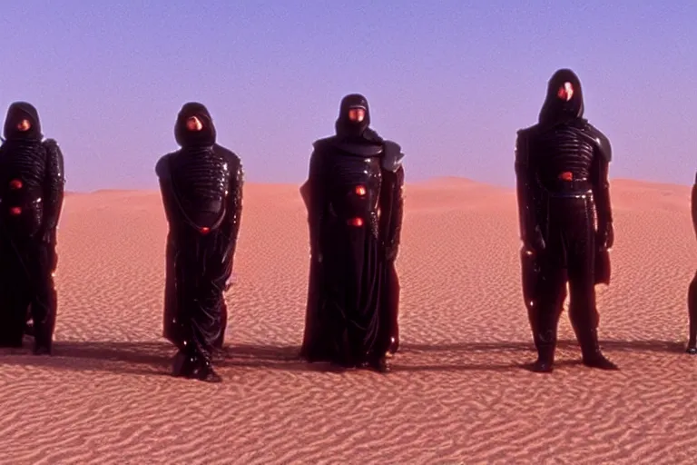 Prompt: dune, spacing guild, portrait, red mist, arrakis in the background, sci-fi, Denis Villeneuve, cinestill colour, anamorphic