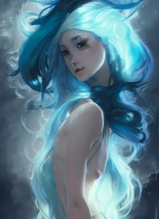 Image similar to stunningly beautiful female blue hair, dj sura face, fantasy art, dark light night, sharp focus, digital painting, 8 k, concept art, art by wlop, artgerm, greg rutkowski and alphonse mucha