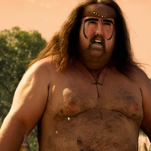 Image similar to a fat nic cage playing conan the barbarian, hd digital photography, mobie still