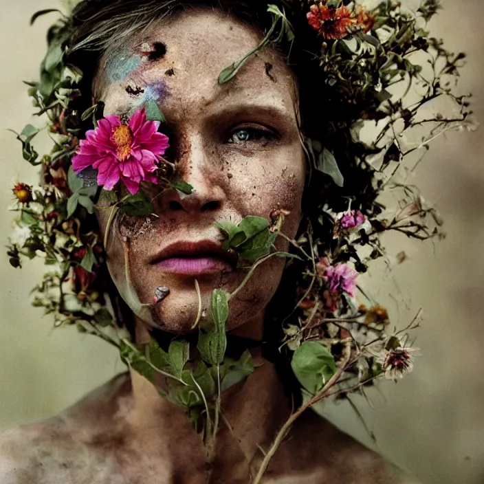 Prompt: closeup portrait of a cyborg woman with flowers growing out of her face, standing in a desolate apocalyptic city, by Annie Leibovitz and Steve McCurry, natural light, detailed face, CANON Eos C300, ƒ1.8, 35mm, 8K, medium-format print
