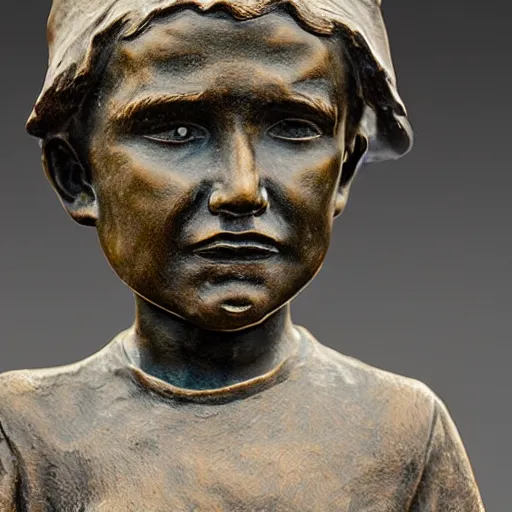 Image similar to high resolution photograph of a bronze cast sculpture of a sad peasant boy in the style of edmund kalb