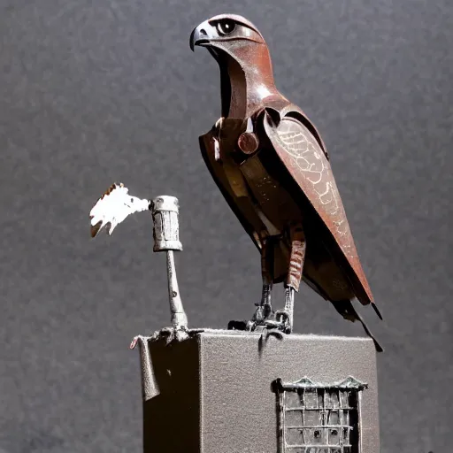 Image similar to A hawk model built from scrap metal, standing on asphalt, detailed close up photograph