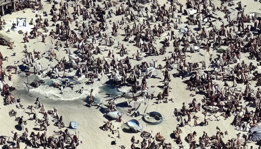 Prompt: gandalf attacks ancient athens, washed up on the beach. cnn news footage taken from above.