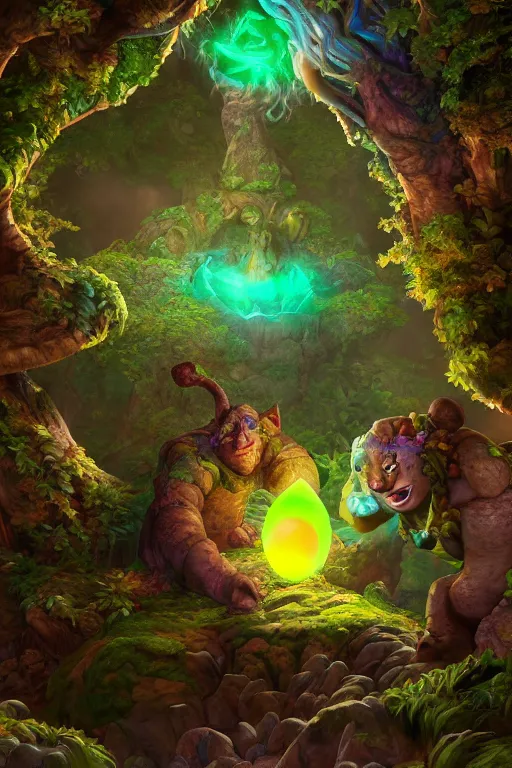 Image similar to arcane fantasy art giant golem elemental wood rock bastion forged gemstone enchanted forest troll, global illumination ray tracing hdr fanart arstation by sung choi and eric pfeiffer and gabriel garza and casper konefal lisa frank zbrush central hardmesh radiating a glowing aura