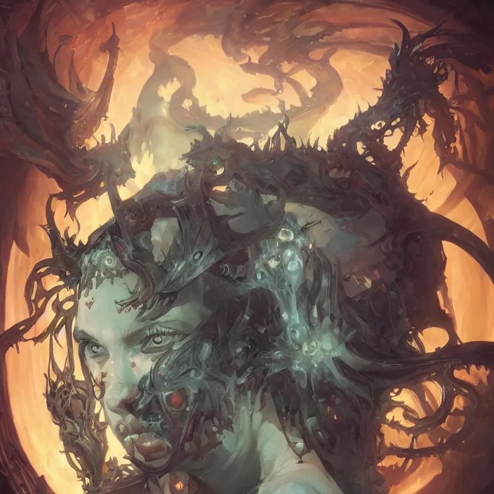 Image similar to portrait of a demon lord of the abyss, painted, 4k artwork, trending on artstation, octane render, art by artgerm and greg rutkowski and alphonse mucha and craig mullins and James Jean and Andrei Riabovitchev and Marc Simonetti and peter mohrbacher