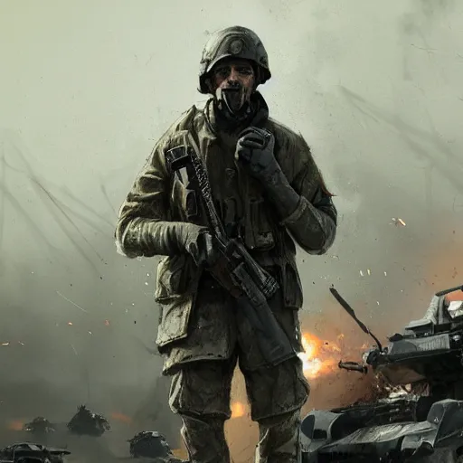 Image similar to A British PMC in gray uniform smoking a cigarette surrounded by destroyed enemy vehicles, by Cedric Peyravernay, highly detailed, excellent composition, cinematic concept art, dramatic lighting, trending on ArtStation